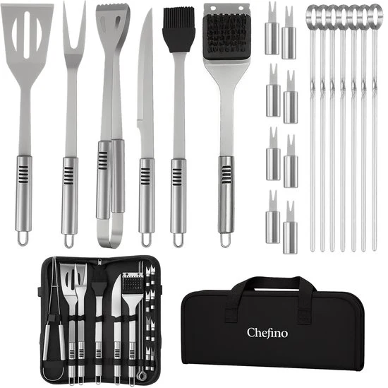 Chefino BBQ Accessoires Set – 21-delig BBQ Pakket – Compleet RVS Barbecue Accessoires met Draagtas – Roestvrijstaal Kamado...