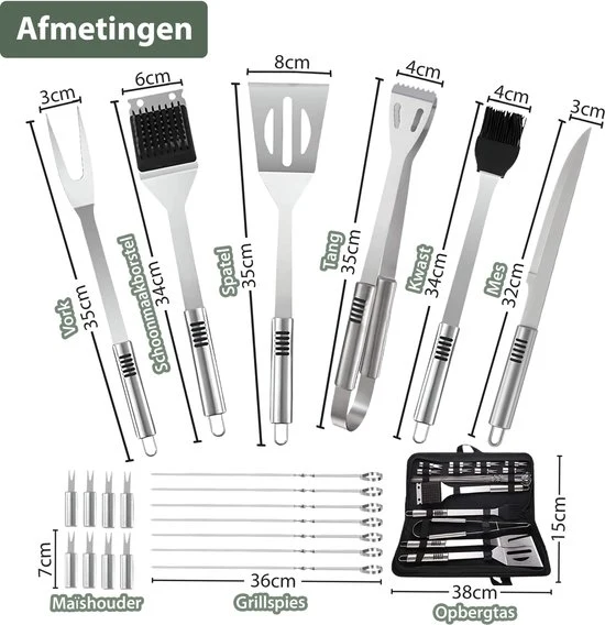 Chefino BBQ Accessoires Set – 21-delig BBQ Pakket – Compleet RVS Barbecue Accessoires met Draagtas – Roestvrijstaal Kamado...