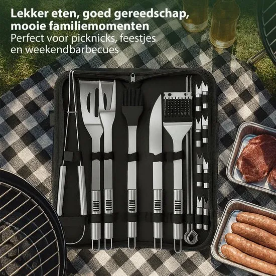 Chefino BBQ Accessoires Set – 21-delig BBQ Pakket – Compleet RVS Barbecue Accessoires met Draagtas – Roestvrijstaal Kamado...