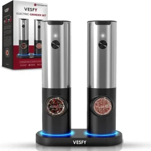 Vesfy Elektrische Peper en Zoutmolen Set - USB Oplaadbaar met Laadstation - XXL - Instelbare Maalgraad - LED Licht - BBQ A...