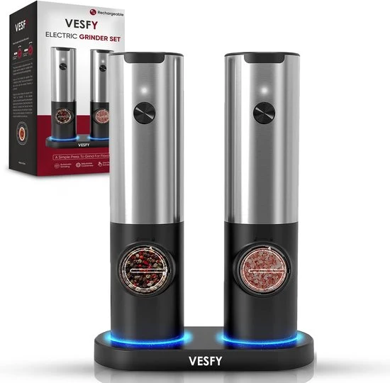 Vesfy Elektrische Peper en Zoutmolen Set - USB Oplaadbaar met Laadstation - XXL - Instelbare Maalgraad - LED Licht - BBQ A...
