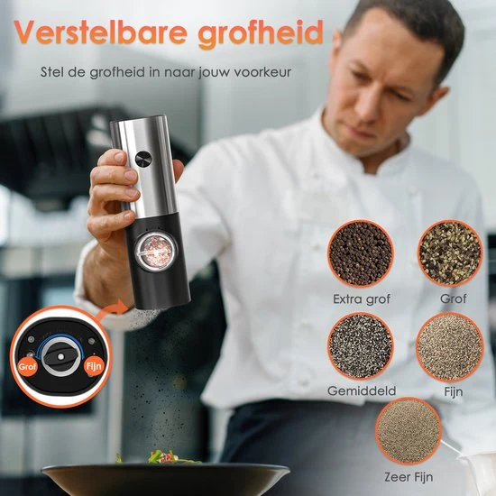 Vesfy Elektrische Peper en Zoutmolen Set - USB Oplaadbaar met Laadstation - XXL - Instelbare Maalgraad - LED Licht - BBQ A...