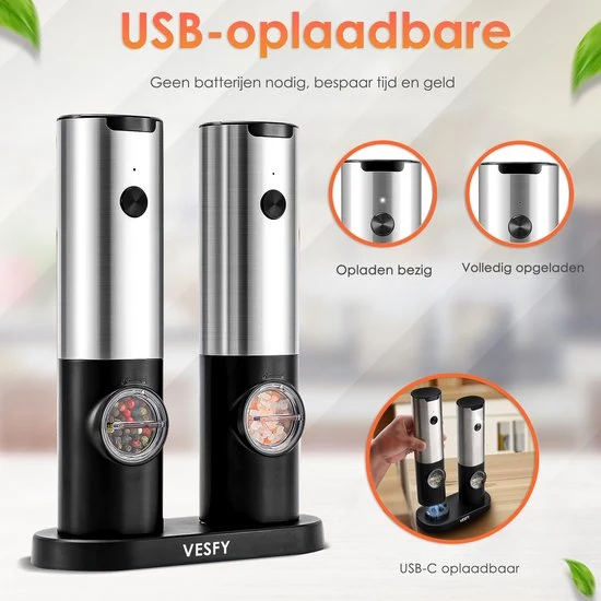 Vesfy Elektrische Peper en Zoutmolen Set - USB Oplaadbaar met Laadstation - XXL - Instelbare Maalgraad - LED Licht - BBQ A...