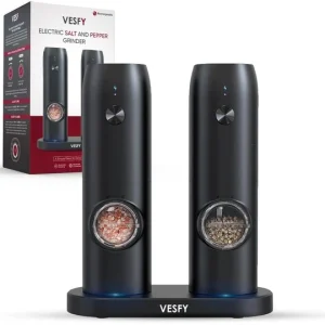 Vesfy Elektrische Peper en Zoutmolen Set - USB Oplaadbaar met Laadstation - RVS - Instelbare Maalgraad - LED Licht - 2 Stuks