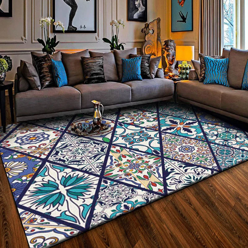 Americana Marokkaans tapijt blauw diamantbloempatroon Tapijt Polyesterweefsel antislip wasbaar tapijt voor huisdecoratie