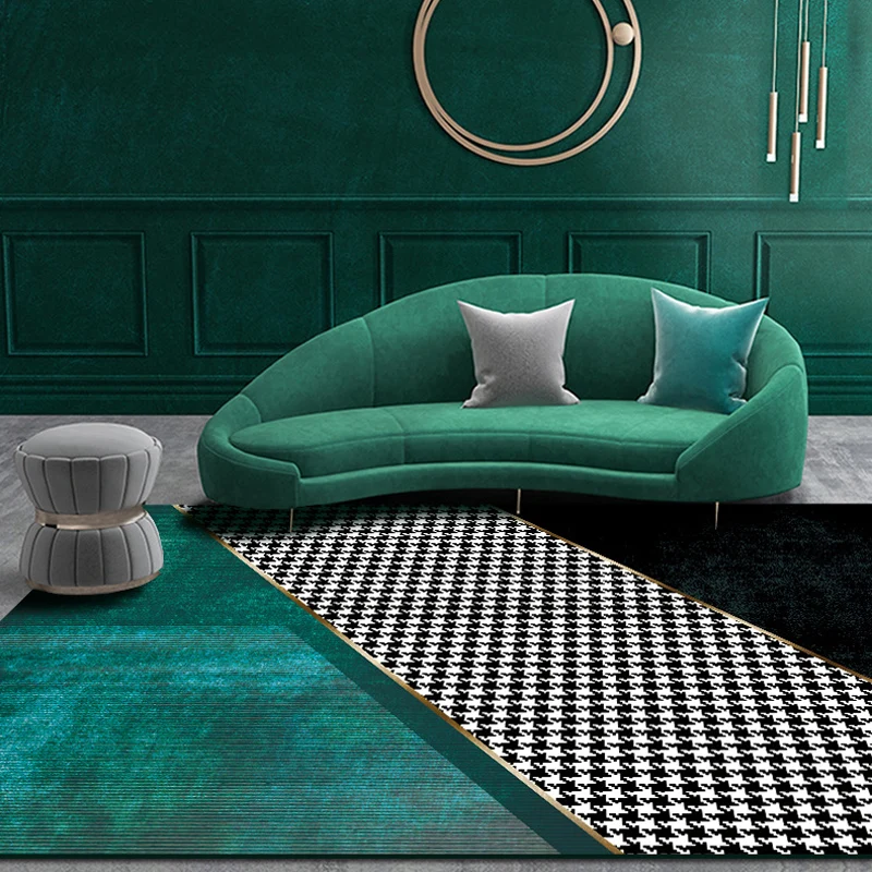 Modernistisch vloerkleed met Houndstooth-patroon met kleurblokken, zwart en groen polyesterweefsel, antislip, diervriendel...