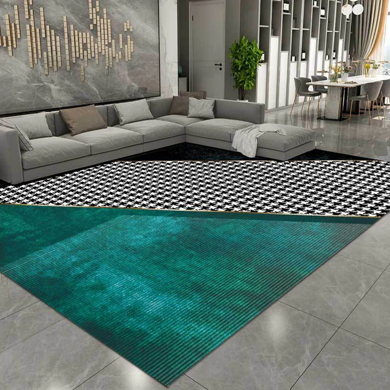 Modernistisch vloerkleed met Houndstooth-patroon met kleurblokken, zwart en groen polyestervezel, antislip, diervriendelij...