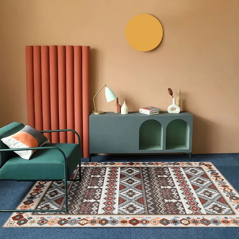 Rechthoekig Boheems tapijt met zuidwestelijk patroon, meerkleurig polyster-tapijt, antislip achterkant, wasbaar vloerkleed...
