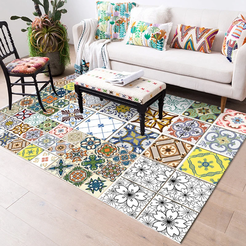 Tapijt met mediterrane geometrie en bloemenprint Veelkleurig Marokkaans vloerkleed Polyestertextiel antislip rug voor slaa...