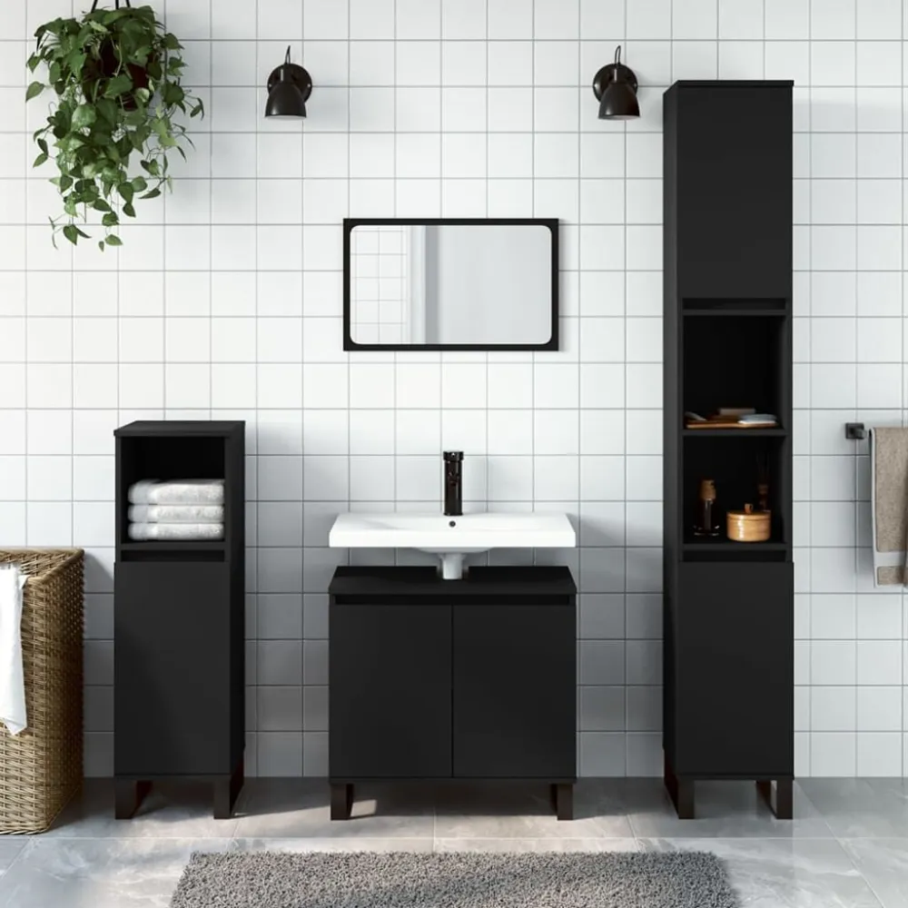 3-delige Badkamerkastenset bewerkt hout zwart Spaarzaam design