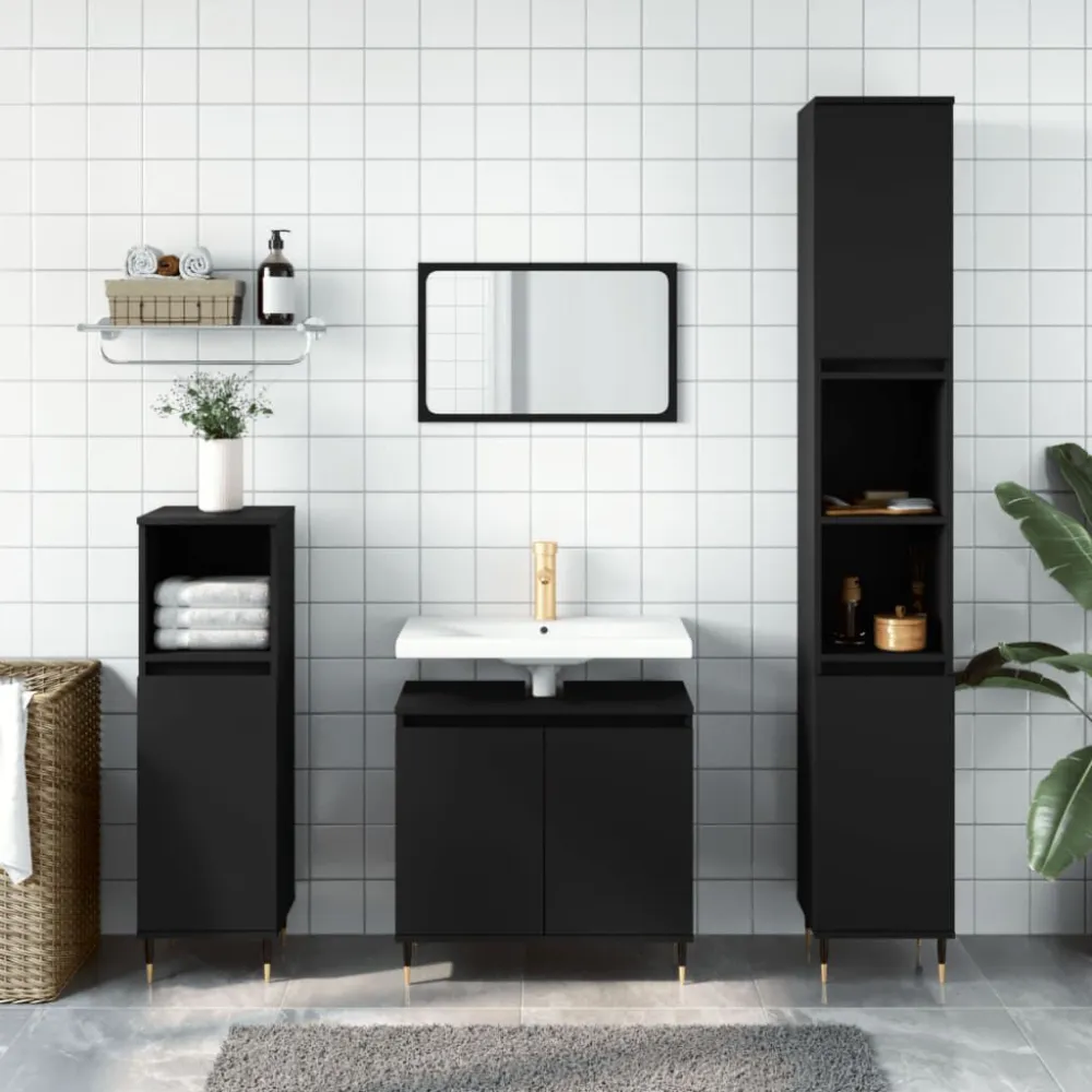 3-delige Badkamerkastenset bewerkt hout zwart voor een opgeruimde look