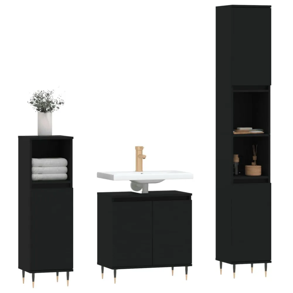 3-delige Badkamerkastenset bewerkt hout zwart voor een opgeruimde look