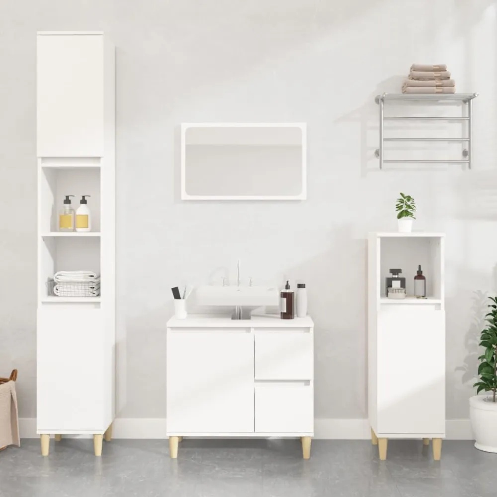 Bamboe toiletborstelhouder 3-delige Badkamerkastenset bewerkt hout wit