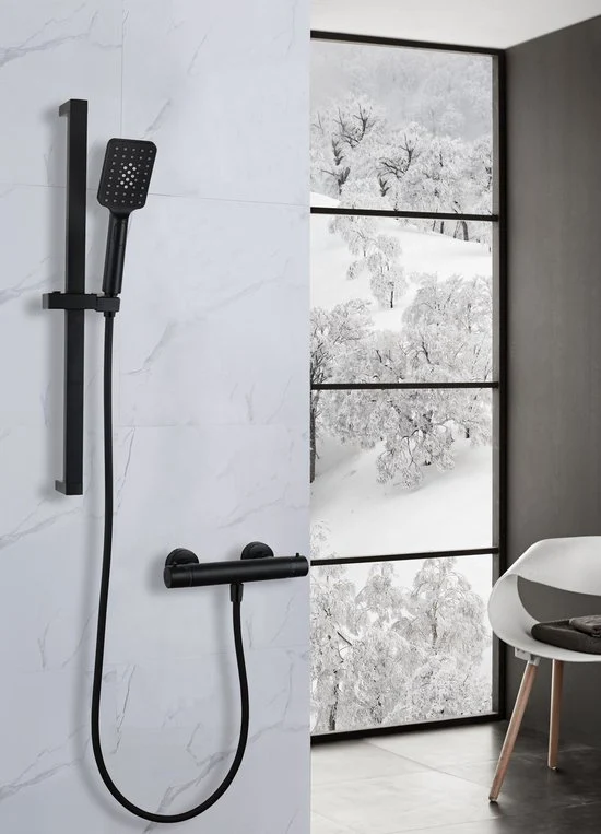 Luzzo® Square Black Doucheset Thermostaatkraan met Glijstang - Zwart