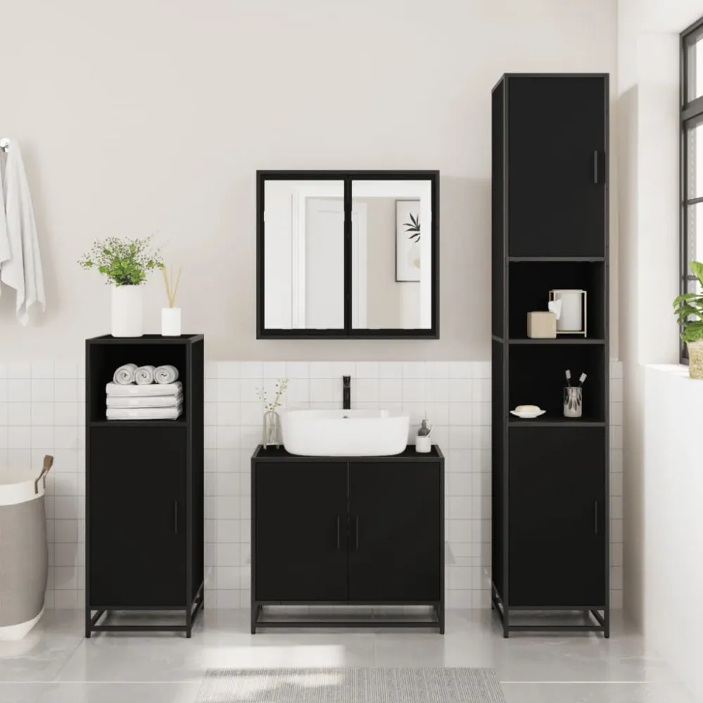 Tandenborstelhouder set Badkamerkast 35x37,5x188,5 cm bewerkt hout en metaal zwart