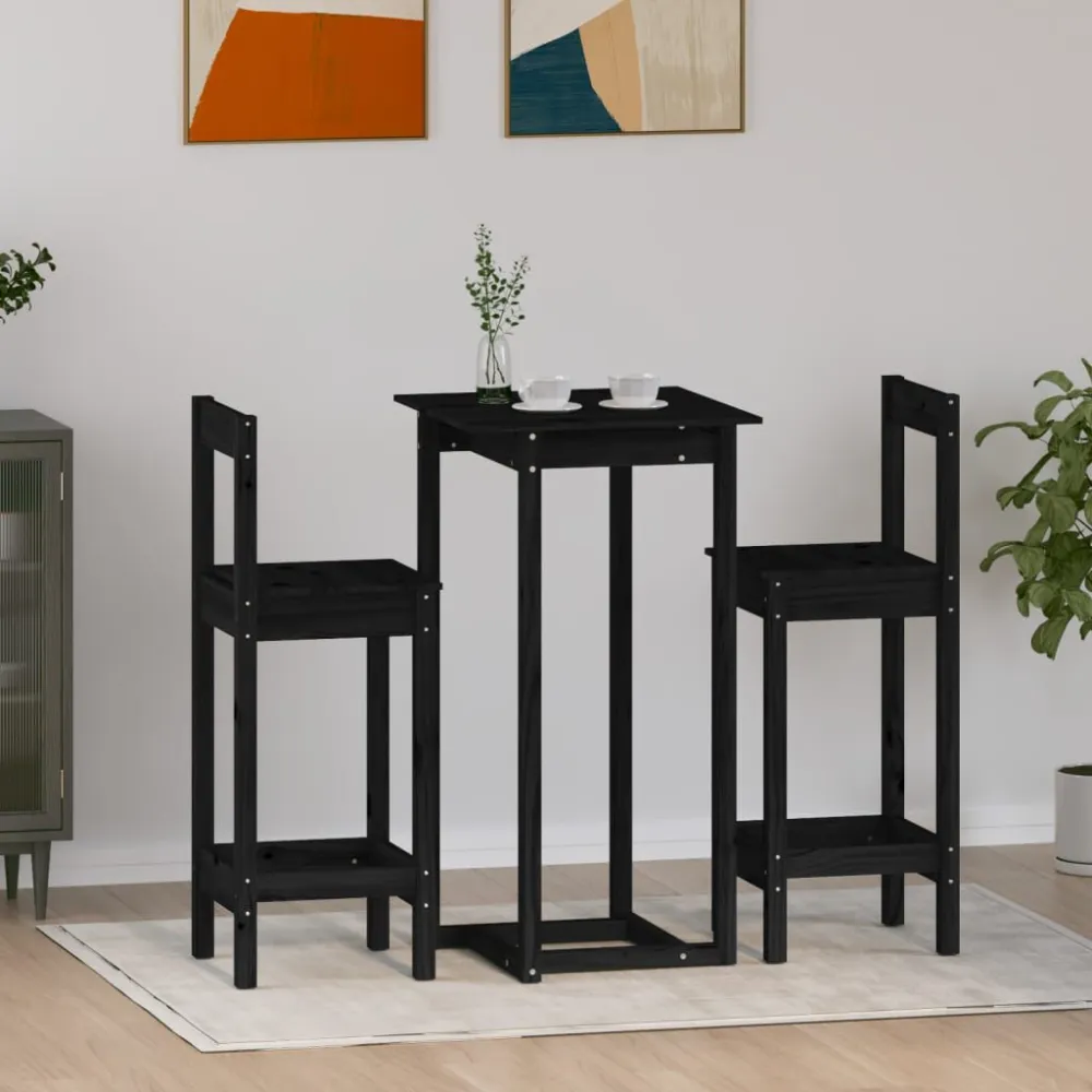 3-delige Barset massief grenenhout zwart
