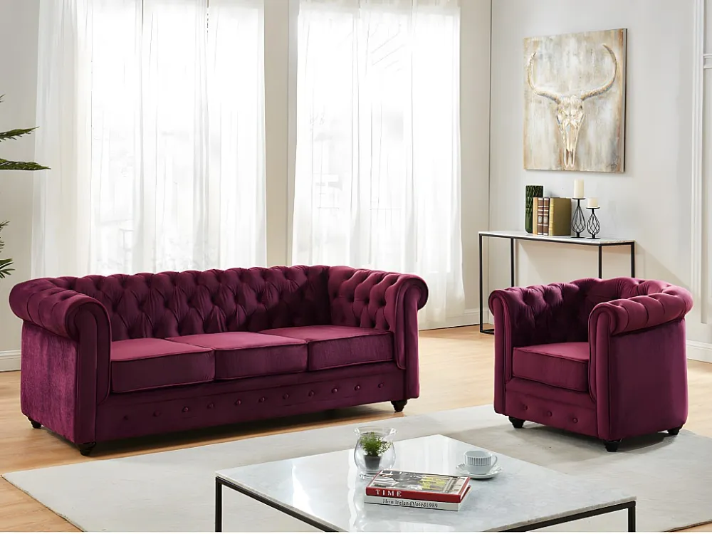 Driezitsbank en fauteuil CHESTERFIELD - Fluweel paars