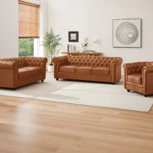 Driezitsbank, tweezitsbank en fauteuil van camelkleurig vaarsleer CHESTERFIELD