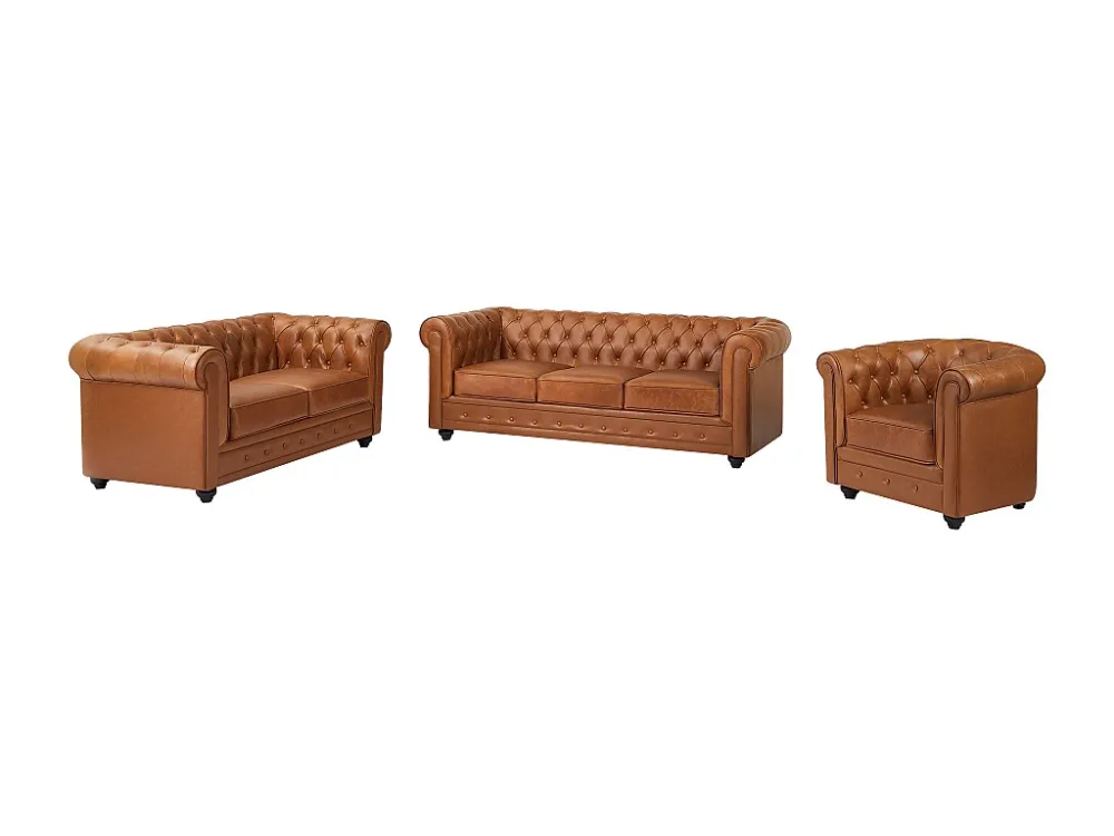Driezitsbank, tweezitsbank en fauteuil van camelkleurig vaarsleer CHESTERFIELD