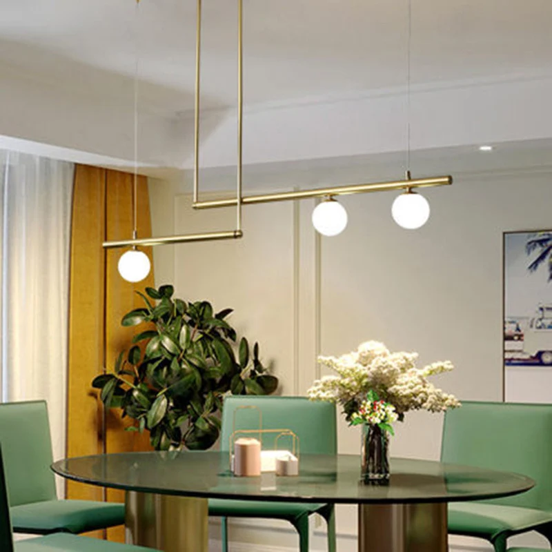 Rechthoekige bar-hanglampset Metalen 1/2-lichts minimalistische hanglamp goud met bolopaalglazen kap