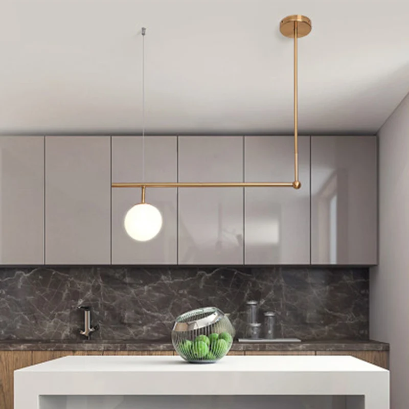 Rechthoekige bar-hanglampset Metalen 1/2-lichts minimalistische hanglamp goud met bolopaalglazen kap
