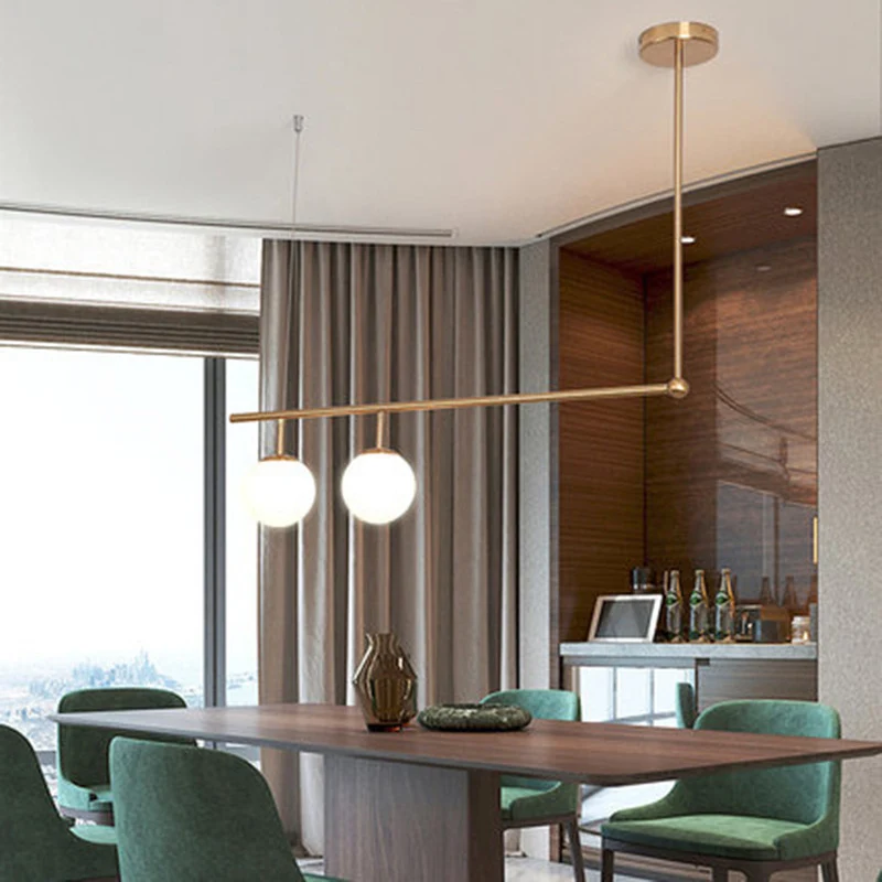 Rechthoekige bar-hanglampset Metalen 1/2-lichts minimalistische hanglamp goud met bolopaalglazen kap