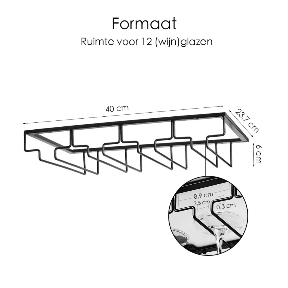 Ophangrek Wijnglazen - Zwart - 12 glazen - Wijnglazenhouder - Glazenrek
