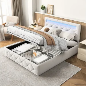 140x200cm bed met LED - Lattenbodem - Grote opbergruimte - Verstelbaar hoofdeinde - Natuurtint