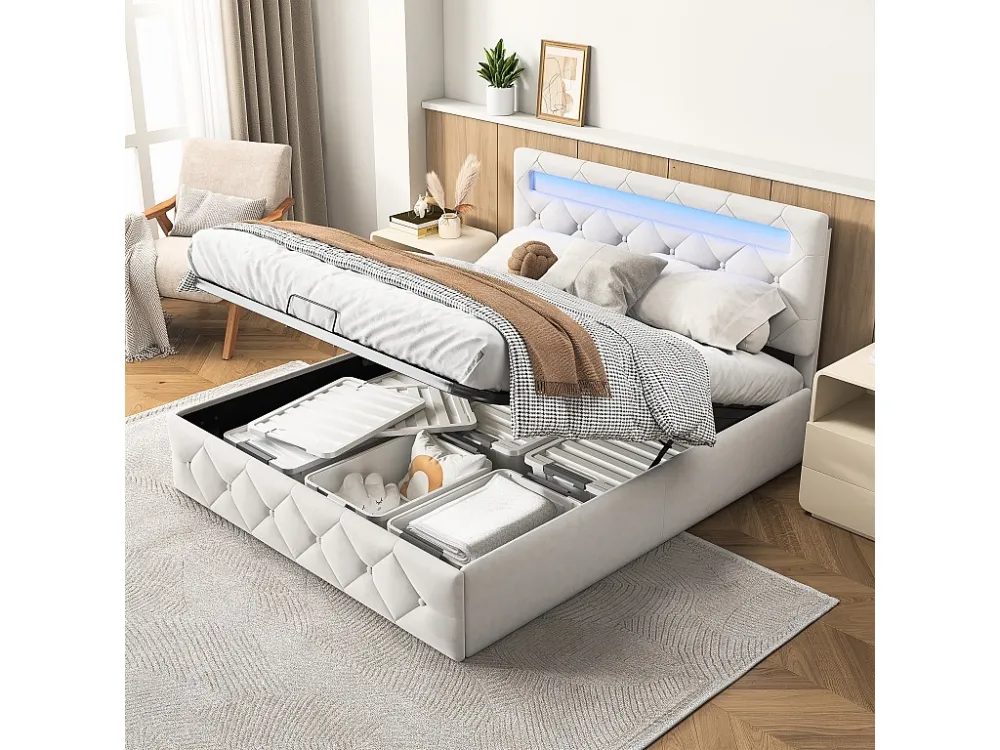 140x200cm bed met LED - Lattenbodem - Grote opbergruimte - Verstelbaar hoofdeinde - Natuurtint