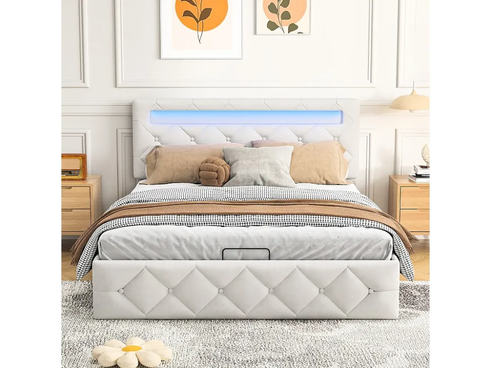 140x200cm bed met LED - Lattenbodem - Grote opbergruimte - Verstelbaar hoofdeinde - Natuurtint