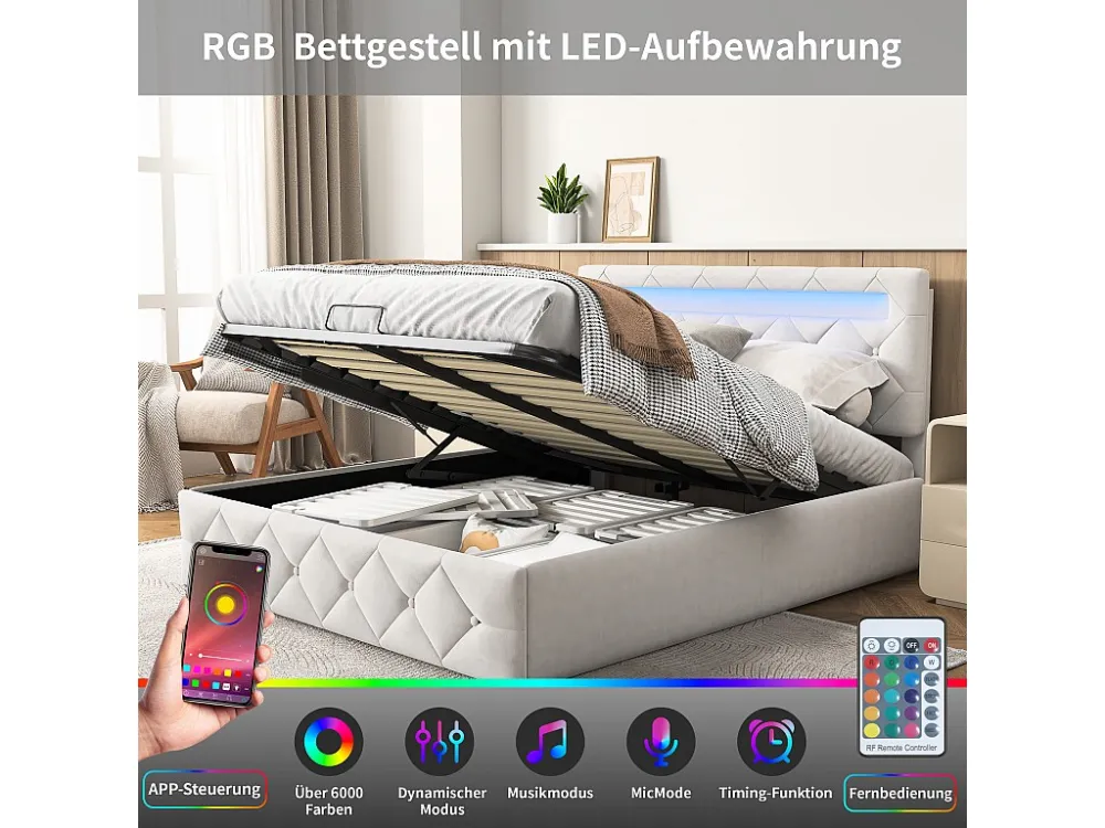 140x200cm bed met LED - Lattenbodem - Grote opbergruimte - Verstelbaar hoofdeinde - Natuurtint
