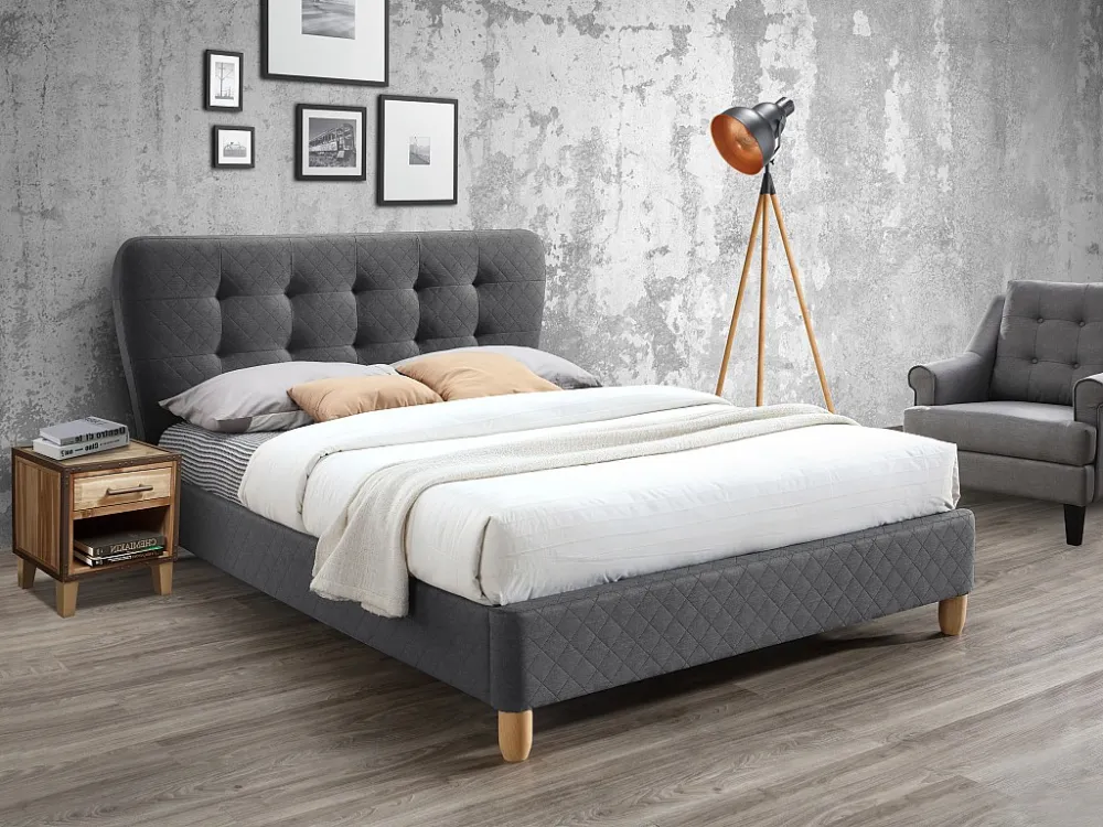 Bed 140 x 190 cm met gecapitonneerd hoofdbord - Stof - Grijs + matras - ELIDE - Koop nu