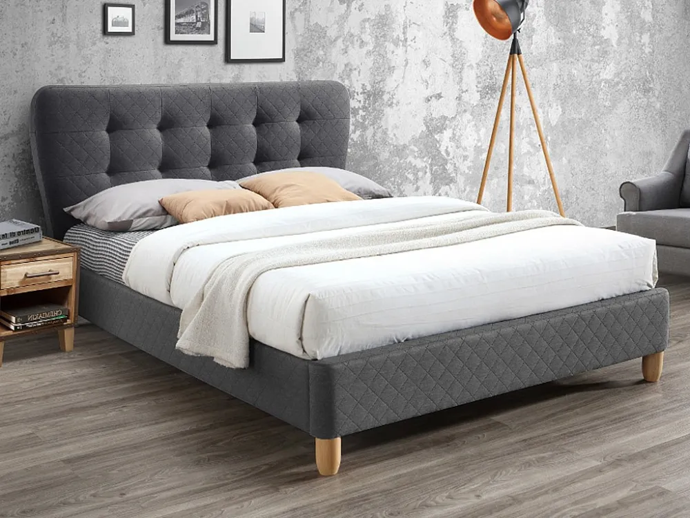 Bed 140 x 190 cm met gecapitonneerd hoofdbord - Stof - Grijs + matras - ELIDE - Koop nu