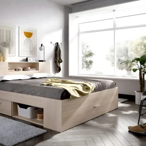 Bed LEANDRE met hoofdbord, opbergruimte en lades - 140x190 cm - Kleur: eiken