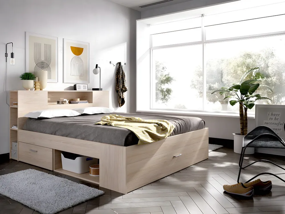 Bed LEANDRE met hoofdbord, opbergruimte en lades - 140x190 cm - Kleur: eiken
