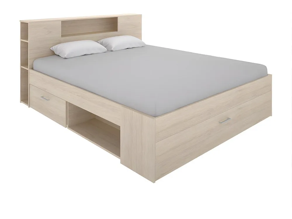 Bed LEANDRE met hoofdbord, opbergruimte en lades - 140x190 cm - Kleur: eiken