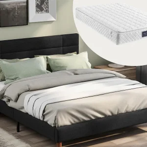 Bed met hoofdeinde - 140 x 200 cm - linnen stof - zwart + matras
