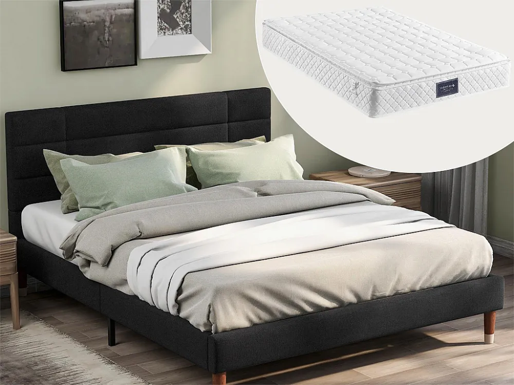 Bed met hoofdeinde - 140 x 200 cm - linnen stof - zwart + matras