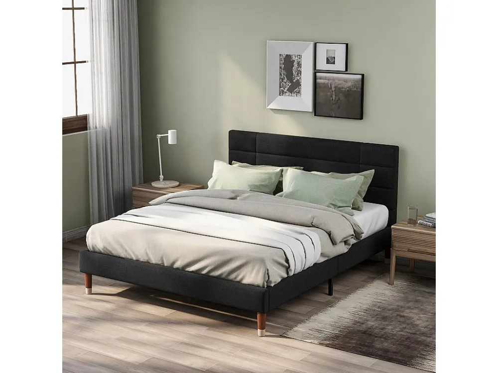 Bed met hoofdeinde - 140 x 200 cm - linnen stof - zwart + matras