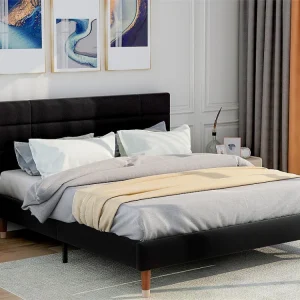 Bed met hoofdeinde - 140 x 200 cm - linnen stof - zwart
