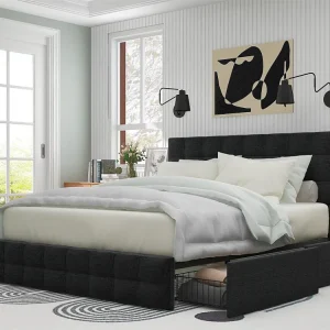 Bed met hoofdeinde en 4 laden - 140 x 200 cm - linnen stof - zwart