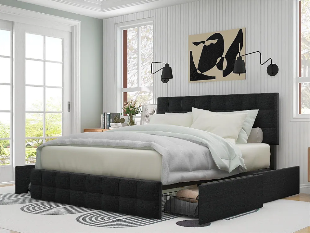 Bed met hoofdeinde en 4 laden - 140 x 200 cm - linnen stof - zwart