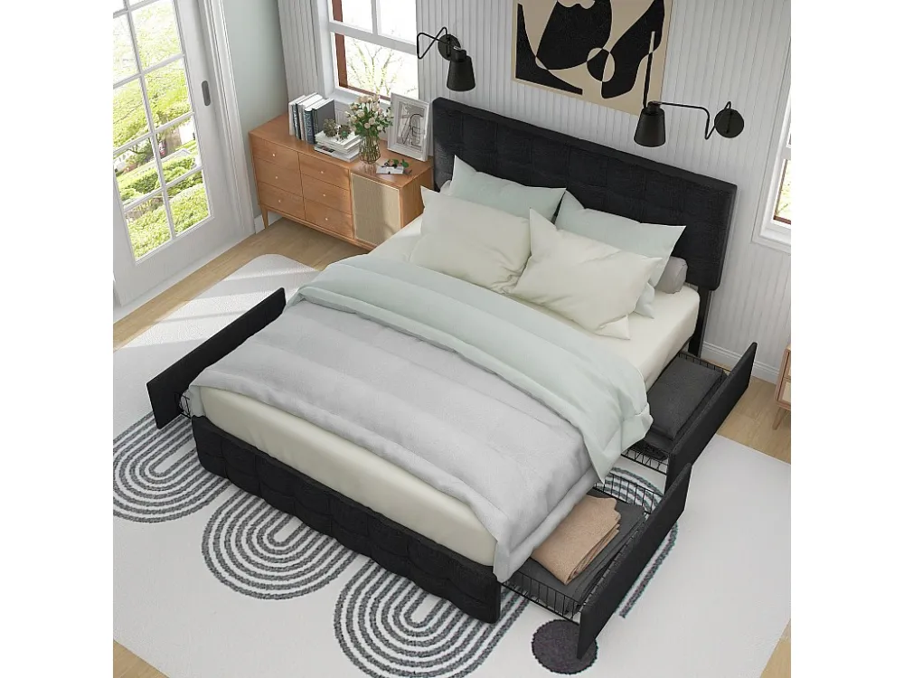 Bed met hoofdeinde en 4 laden - 140 x 200 cm - linnen stof - zwart