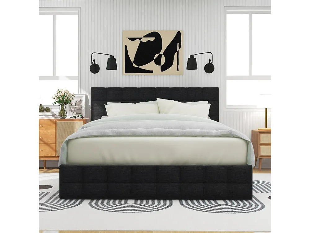 Bed met hoofdeinde en 4 laden - 140 x 200 cm - linnen stof - zwart