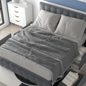 Bed met hoofdeinde en 4 lades - 140 x 200 cm - linnen stof - grijs
