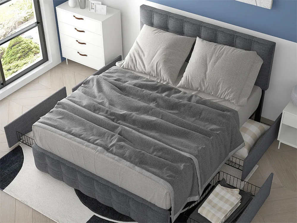 Bed met hoofdeinde en 4 lades - 140 x 200 cm - linnen stof - grijs