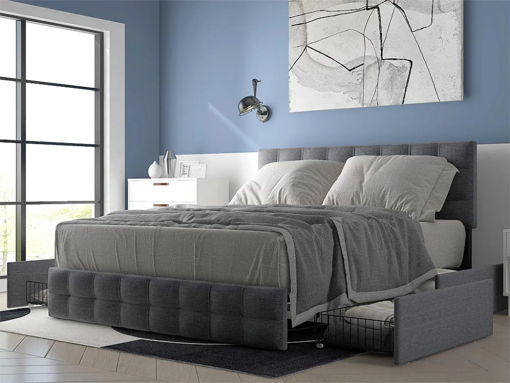Bed met hoofdeinde en 4 lades - 140 x 200 cm - linnen stof - grijs