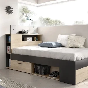 Bed met hoofdeinde en opbergruimte 120 x 190 cm, naturel en antraciet - LEANDRE