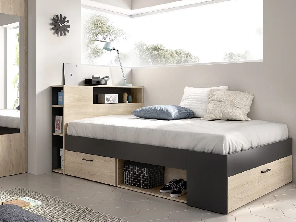 Bed met hoofdeinde en opbergruimte 120 x 190 cm, naturel en antraciet - LEANDRE