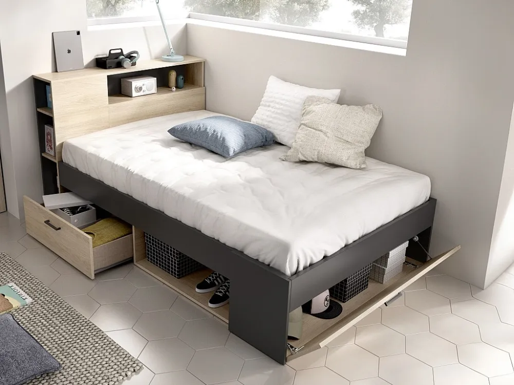 Bed met hoofdeinde en opbergruimte 120 x 190 cm, naturel en antraciet - LEANDRE